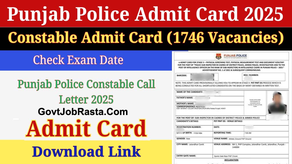 Punjab Police 1746 Constable Vacancy Admit Card 2025