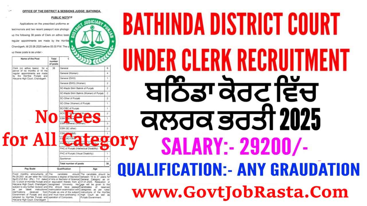 District Court Bathinda Recruitment 2025 of 38 Clerk Posts