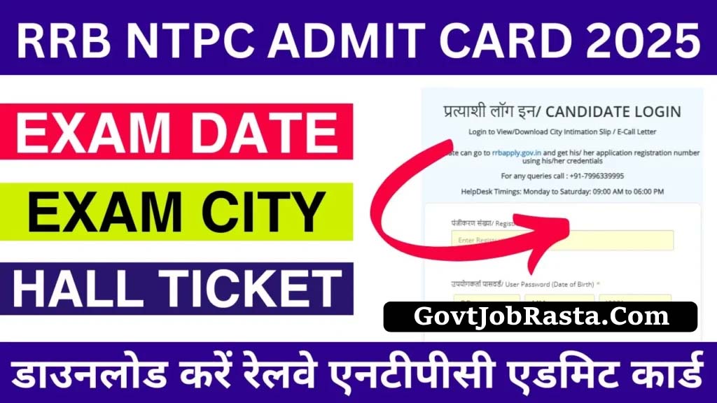 RRB NTPC (12th Level) 3445 Vacancy Exam City / Admit Card