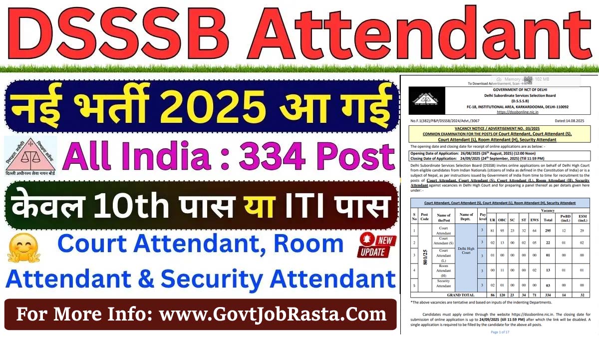 DSSSB Court Attendant Recruitment 2025 for 334 Post