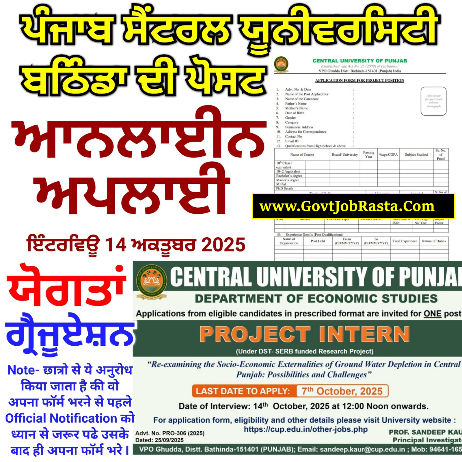 Punjab Central University Bathinda Post Form 2025