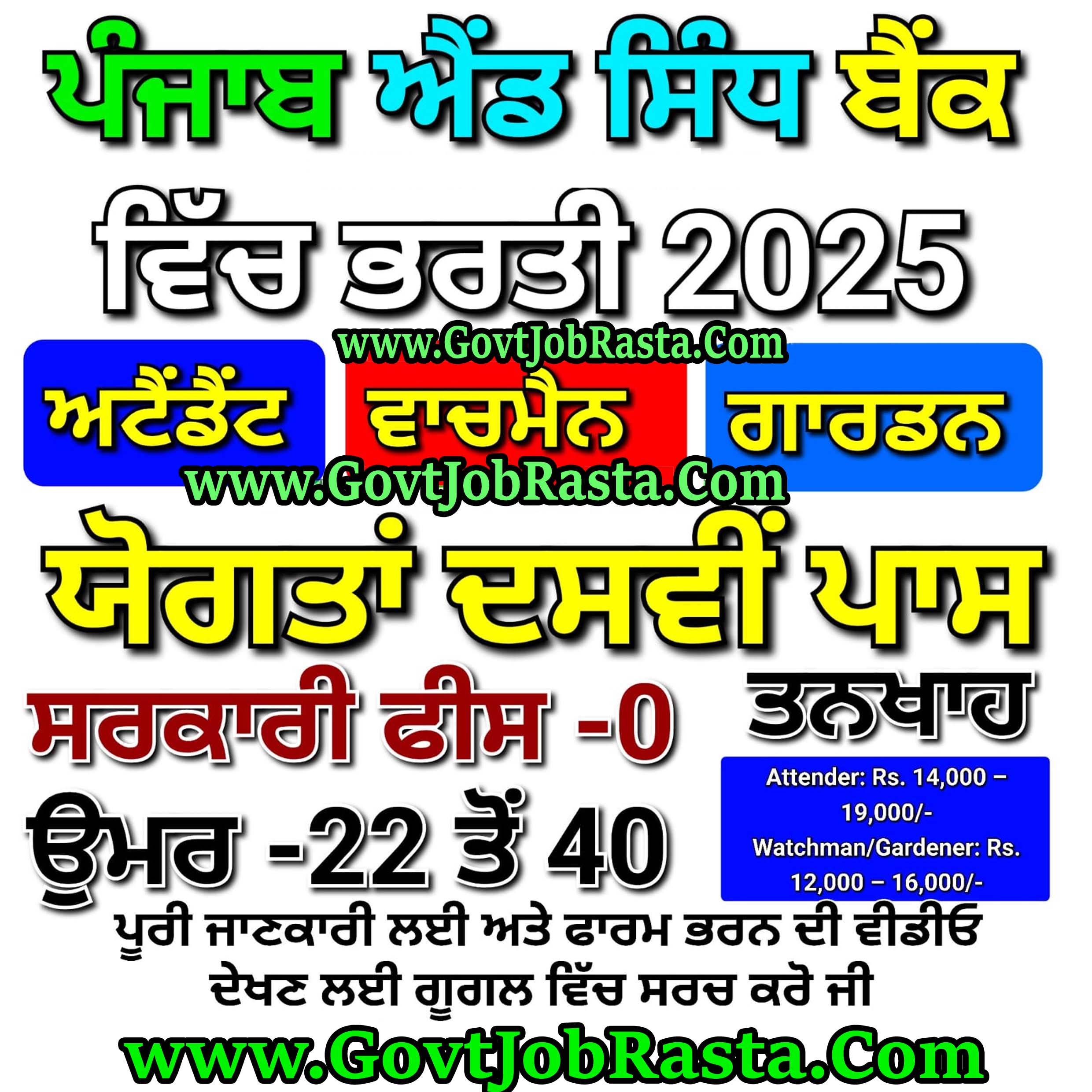 Punjab and Sind Bank Various Post Recruitment 2025