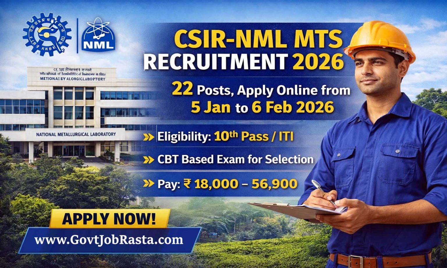 CSIR NML Multi Tasking Staff Recruitment 2026 Apply Online for 22 Posts